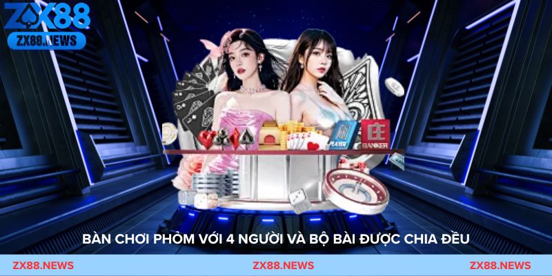 Minh họa một bàn chơi Phỏm với 4 người và bộ bài được chia đều